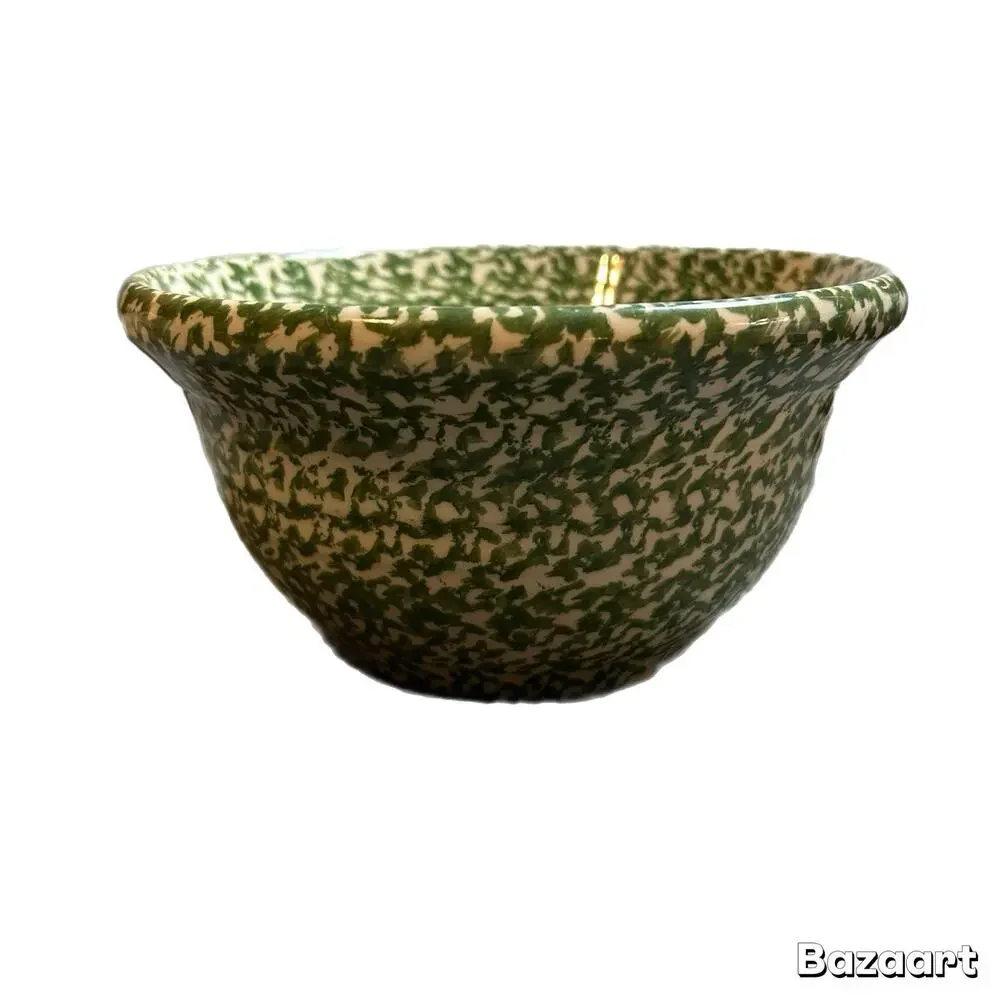 Henn USA Roseville Ohio Green Spongeware 2qt Ribbed Stoneware 8”Mixing Bowl